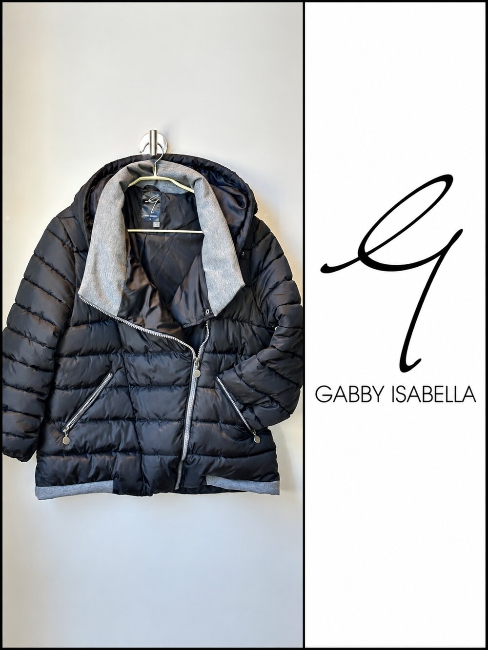 Gabby Isabella Women's Black Quilted Puffer Jacket Asymmetrical Zip Hooded XL